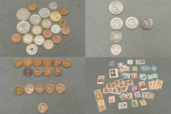 Small Collection Of Loose Coins (US And World) And Stamps