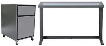 Crate & Barrel Pilsen Graphite Glass Top Desk With Powder Coated Iron Frame And Matching File Cabinet