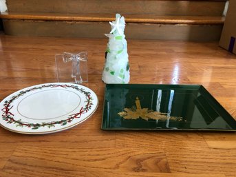 Christmas - Royal Worcester Holly Ribbons Cake Platter, Otagiri Tray, Seaglass Tree And Ice Block Candleholder