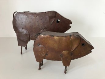 Set Of 2 - Primitive Folk Art Pigs, Hand Forged Metal