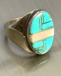 Vintage Turquoise, Silver And Mother Of Pearl Mens Ring
