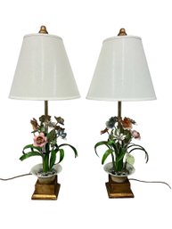 Pair Of Wrought Iron Floral Lamps