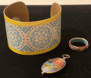 Trio Vintage Enamel & Cloisonne Bracelet, Pendant & Ring.