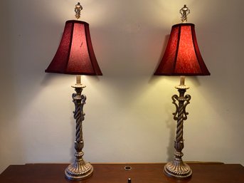 Pair Table Lamps With Burgandy Shades