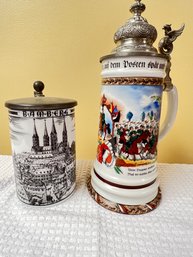 BMF ZINN Beer Stein, Colorful, Covered, And Tall! Bamberg, White And Black Beer Stein, With Cover