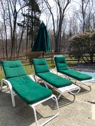 Three White Adjustable Loungers With Green Canvas Cushions