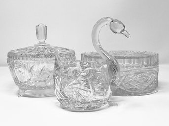 Large Star Pinwheel Pattern Cut Crystal Lidded Oval Box, Swan Candy Dish And A Covered Crystal Bowl