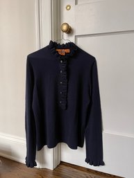 Tory Burch Cashmere Blend Ruffle Trim Sweater, Navy Blue