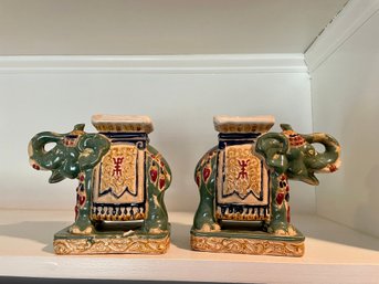 Pair Of Colorful Glazed Ceramic Elephant Bookends