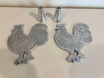 Pewter Rooster Trivets, With Nambe Candle Sticks