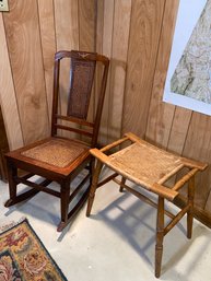 Wood Rocker Cane Seat 16x16x35 And Unique Woven Stool 19x13x18