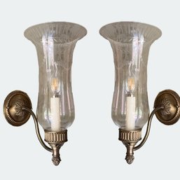 A Pair Of Charles Edwards Antiqued Brass  Single Arm Hurricane Sconces - Etched Glass Shade Sconces