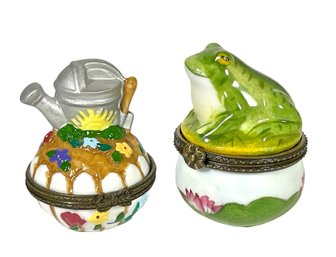 Hand Painted Porcelain Patch Boxes Frog And Watering Can