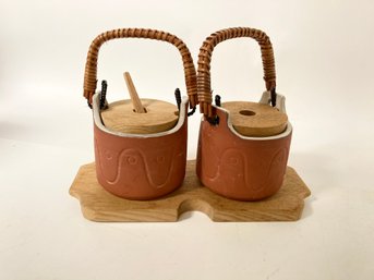 Vintage Japanese Pottery And Bamboo Condiment Set