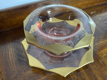 Pink Depression Glass, Tiffin Rambling Rose, Pink Pedestal  Bowl With Under Plate, Gold Pattern Accents