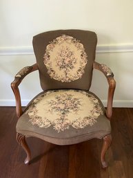 French Provincial Type Tapestry Chair Featuring A Floral Design & Nailhead Trim - Brown Accent Chair