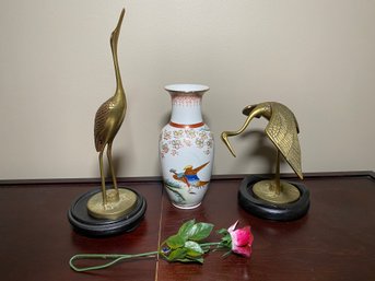 Brass Heron On Bases And Asian Vase Made In Macau