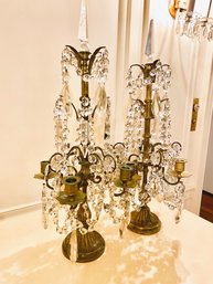 PAIR LARGE Vintage Glass Candle Holders  With Hanging Crystals