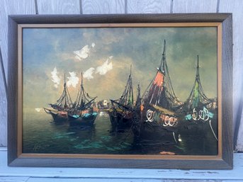 Racasetti Boats In Port  ,  In Wood Frame By Artist Racasetti