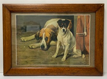 Vintage Antique Framed Dog Print - Waiting For The Master Wright Barker - Chicago Colortype Co - Oak Frame