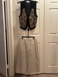 Rafaella Denim Skirt, Black Suede Vest, Jara Ivory Denim Skirt & Velvet Tapestry Vest & August Silk Wrap