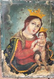 Antique 19th Century South American Retablo Holy Mary And Child Jesus Our Lady  Refuge Of Sinners 14' X 10'