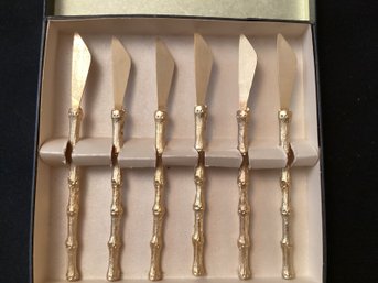 Set Of Six Faux Bamboo Appetizer Hors Doeuvre Knives Gold Tone Original Box