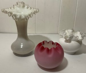 Vintage Ribbon Edged Milk Glass Vases