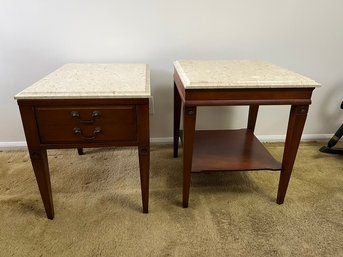 Two Vintage Wooden Side Tables With Marble Tops