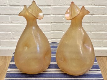Fabulous Mid-Century Blown Glass Vessels With Iridescent Textured Finish - A Pair