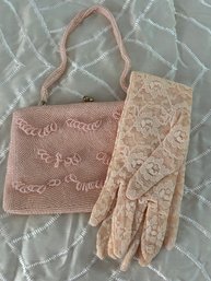 Pink Beaded Handbag & Gloves