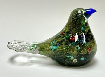 MILLEFIORI ART GLASS GREEN & BLUE BIRD: Handmade Vintage 6' Sculpture Or Paperweight With Flower Decoration