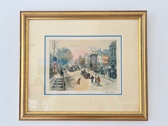 Hand Colored Etching Of A Parisian Street Scene By French Artist Eugene Veder, 1920s