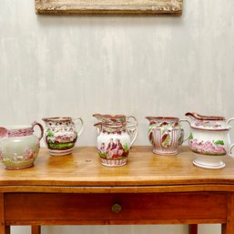 A Collection Of 6 Antique Staffordshire Pink Lusterware  Pitchers