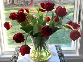 Red Tulips Floral Arrangement In Faux Water Base Vase