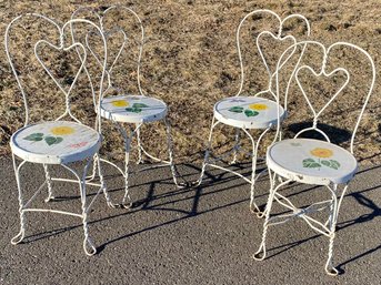 Vintage Set 4 Ice Cream Parlor Chairs - Porch - Sunroom - Patio - Flowers & Butterflies - White  Iron - Wood