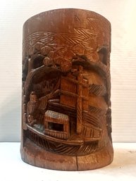 Wood Carved Brush Holder And Octagonal Iron Bowl