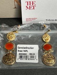 Met Museum Of Art Never Worn Marked Carnelian Pierced Earrings 2.3' In Original Box And Descriptive Card