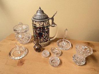 Generous Glass And Crystal Lot, Colored Covered Stein, Oleg Cassini Ring Holder, Lenox, Rogaska,