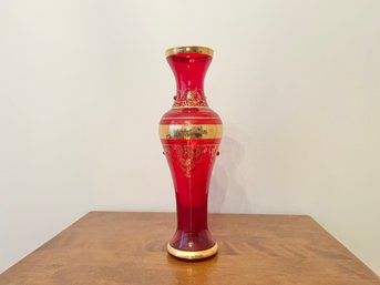 Bohemian Or Murano Ruby And Gilt Embellished Vase With Stones