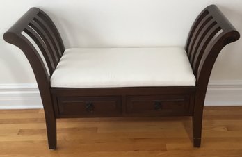 Mahogany Fan Arm Bench, White Upholstered Seat, With Drawers.