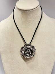 Sterling Silver 'ROSE' On Silk Chain, With Sterling Silver Clasp, And Ends