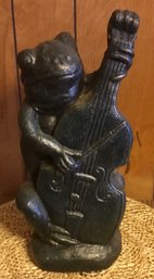 Cement, Concrete Frog Playing The Cello, Great Patina