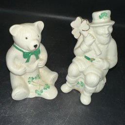 Belleek Blarney Teddy Bear #2120 & Belleek Blarney Leprechaun #2123