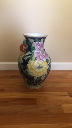 Ornate Asian Standing Vase With Vibrant Color, Signed On Bottom