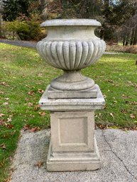 PAIR LARGE & Gorgeous French Concrete Bulbous Flute Planters On Pedestal Base