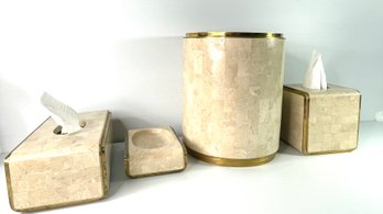 Travertine With Brass Accent Powder Room Decor Tissue Dispenser , Soap, And Dustbin