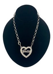 Guess Heart Silver Tone Rhinestone Necklace