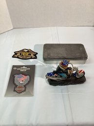 Harley Davidson Patches, Wrangler Heron Chain Wallet, And Bear Riding Moto Statue