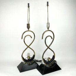 Pair Lacquered Black And Brass Lamps